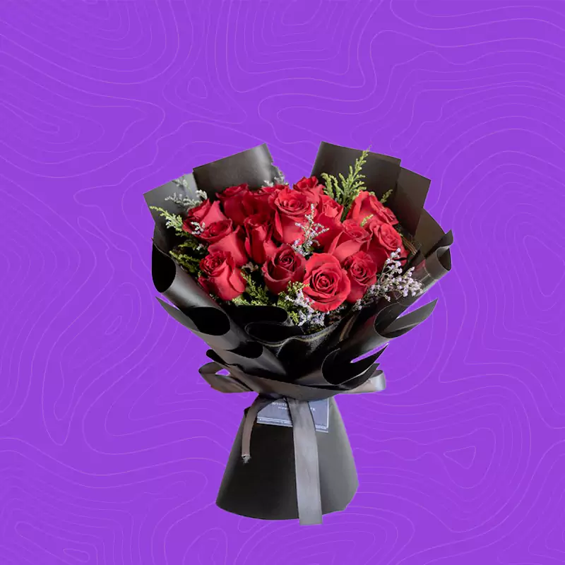 Red Rose Bouquet With Black Paper & Ribbon Best Gift For Her